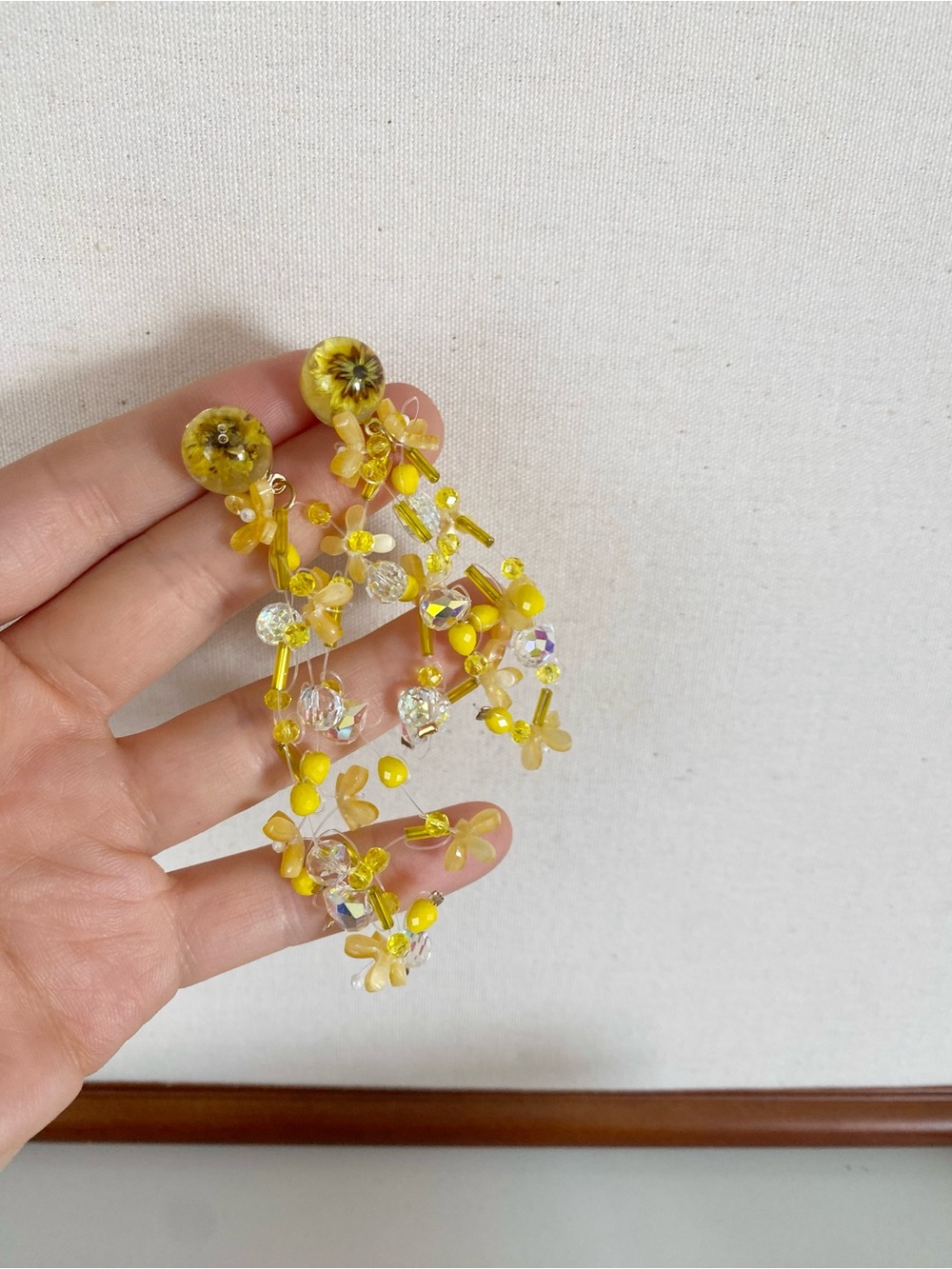 4/$15 Handmade Yellow Dry Floral Cute Beaded Drop Earrings